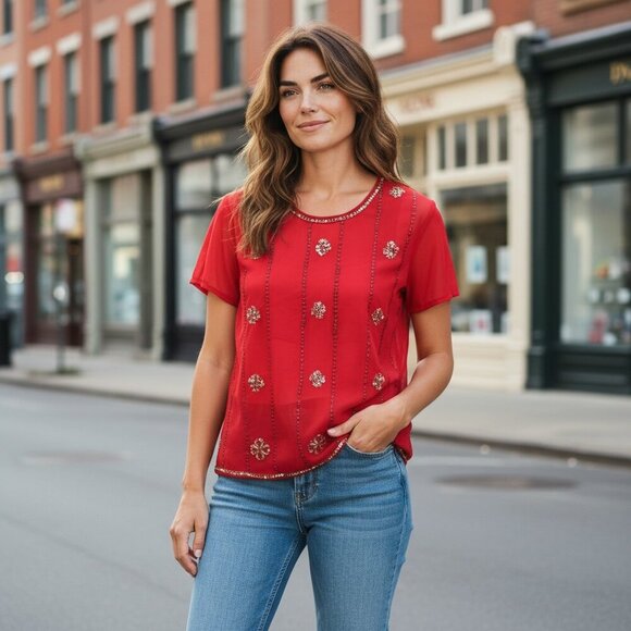 Ashley Stewart Sheer Short Sleeve Sequin Tunic Top Sz 14/16 Red #194B - Picture 1 of 9